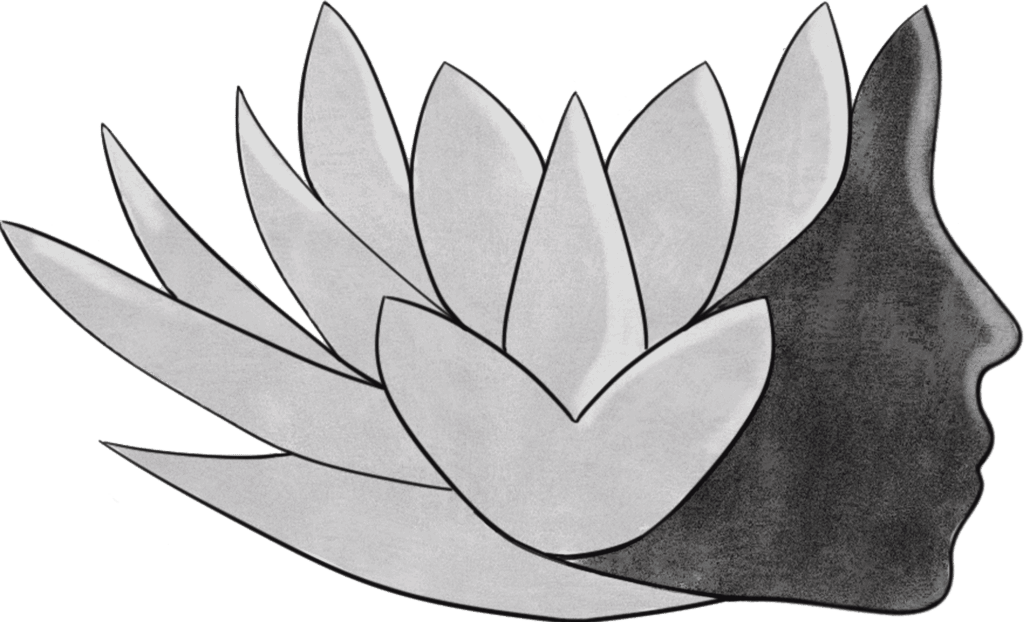 Fleur de Lotus et Profil de Femme : Sérénité et Bien-être Fleur de lotus stylisée fusionnant avec une silhouette de profil féminin en noir et blanc, évoquant la sérénité.