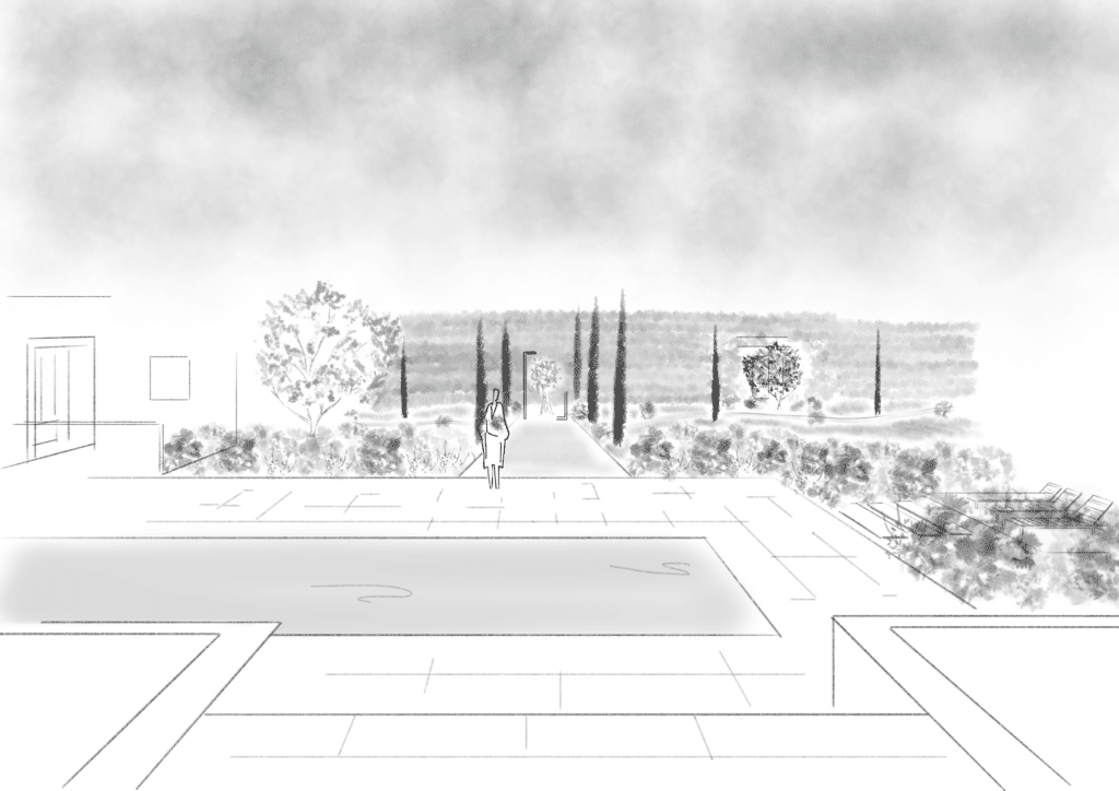 Croquis architectural d'un jardin avec piscine, cyprès et silhouette humaine dans un style épuré noir et blanc.