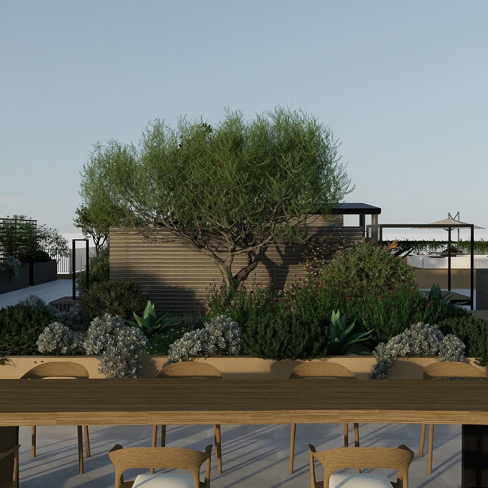 Terrasse sur toit moderne avec table en bois, chaises design et jardin luxuriant avec un grand arbre et des plantes.